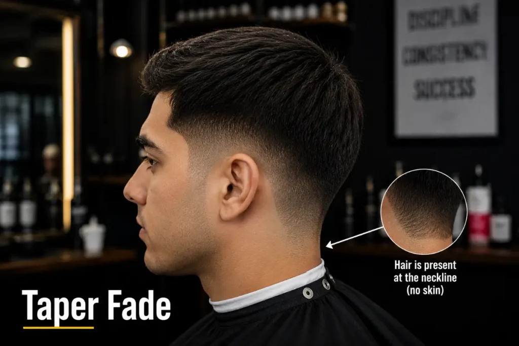 Taper fade showing hair gradually shortening toward neckline with hair always remaining at base — clearly no bare skin visible