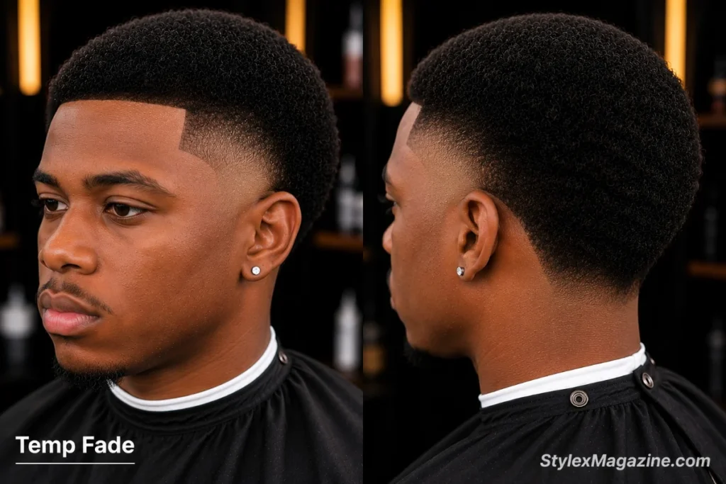 Temp fade on a Black man showing sharp fade at temples and frontal hairline with lineup and fuller hair at the back