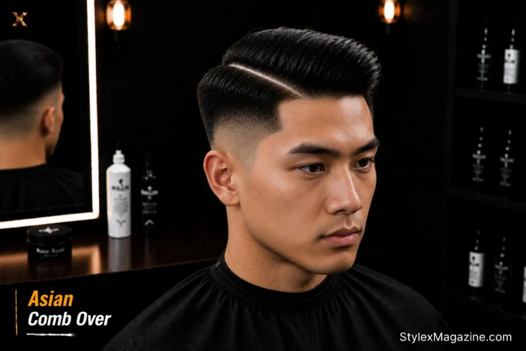 Asian comb over on thick straight hair showing sharpest hard part and precise slick finish