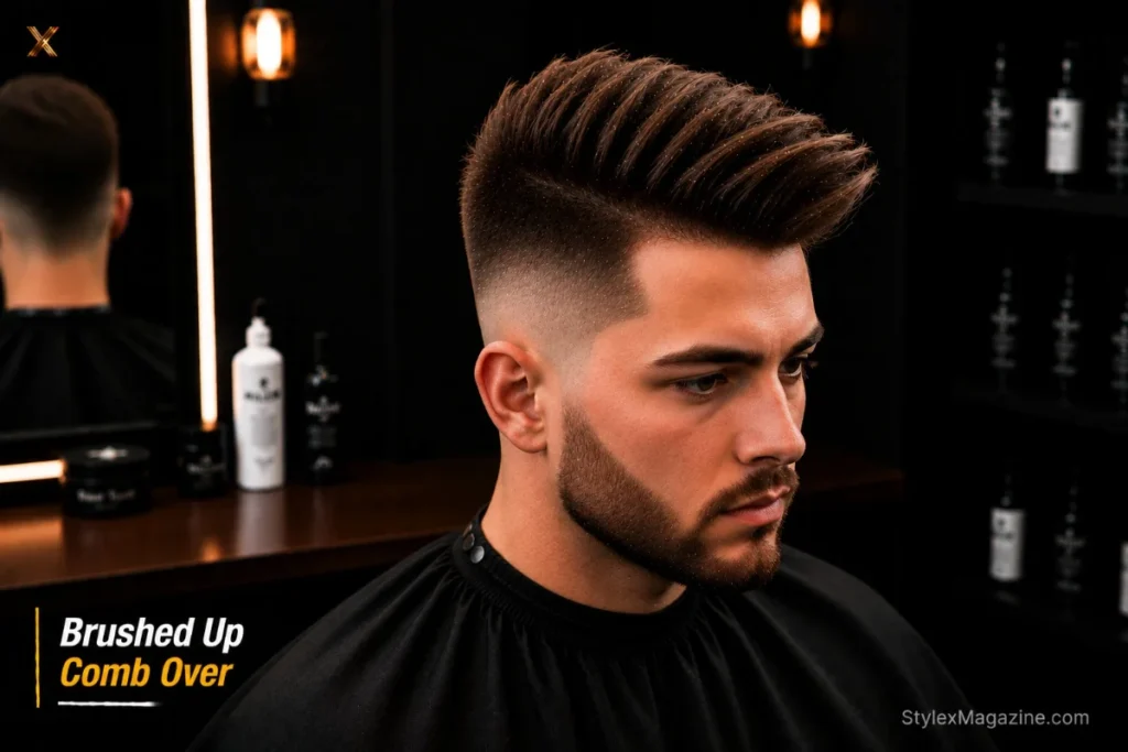  Brushed up comb over with blow-dried volume and lift before sweeping to one side
