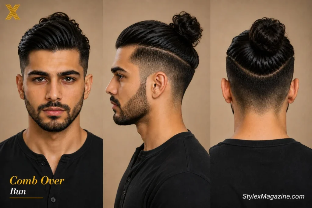 Comb over bun showing long top combed laterally then tied back with undercut sides