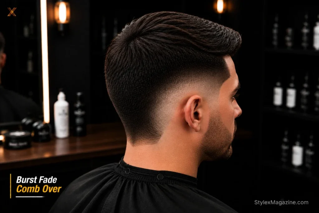 Comb over burst fade showing semi-circular arc around the ear with longer back preserved