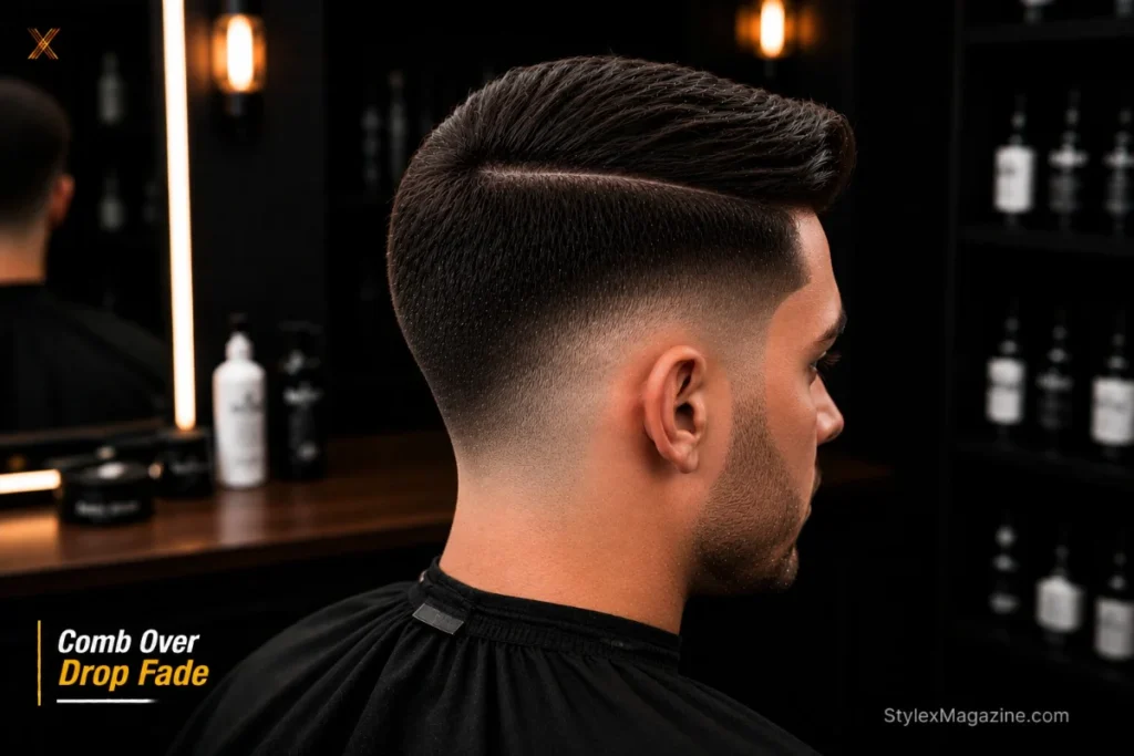  Comb over drop fade showing fade line curving and dropping lower behind the ear at the back