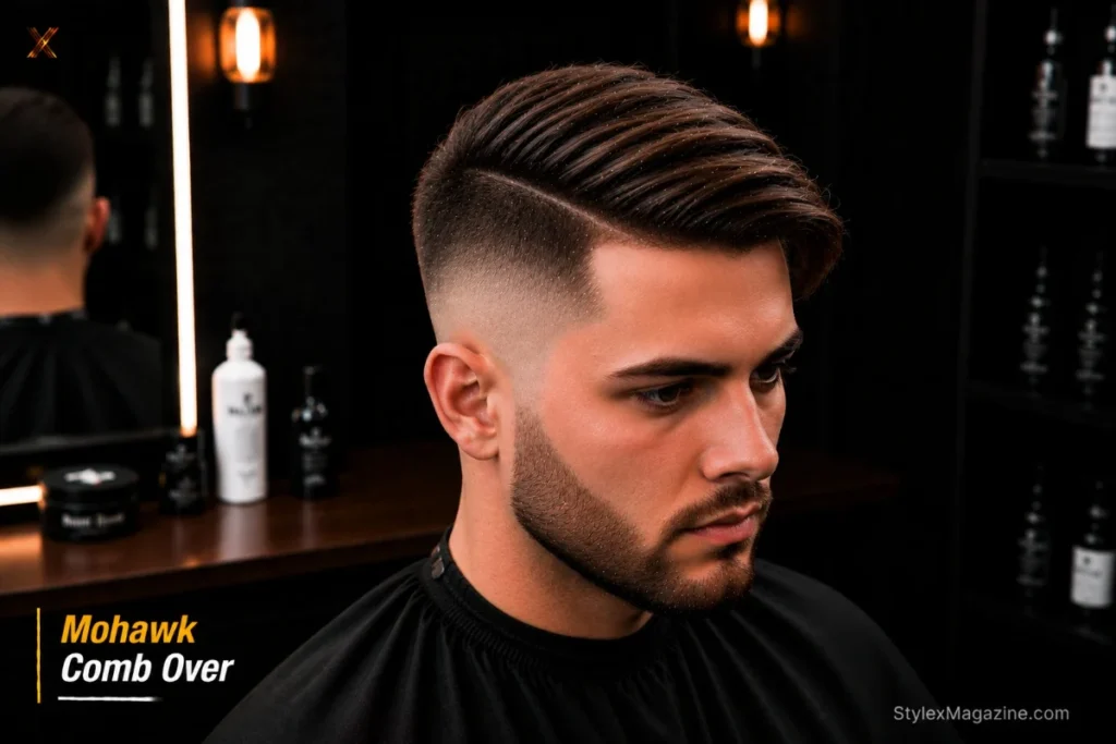 Comb over mohawk with central strip combed laterally to one side and high fade on both sides