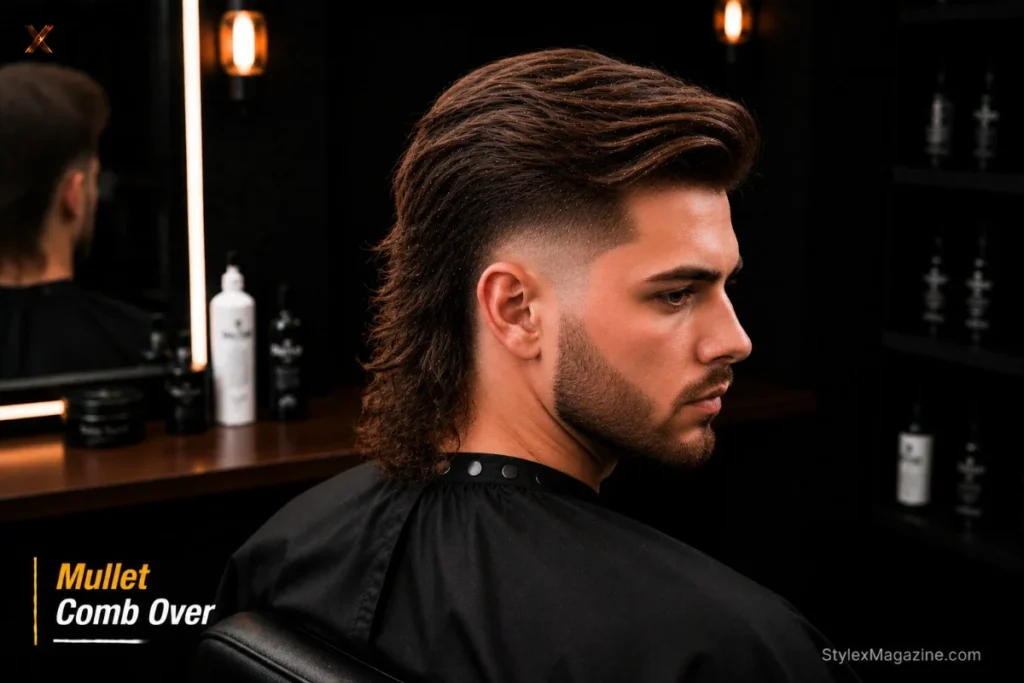 Comb over mullet showing swept top with longer back length preserved simultaneously