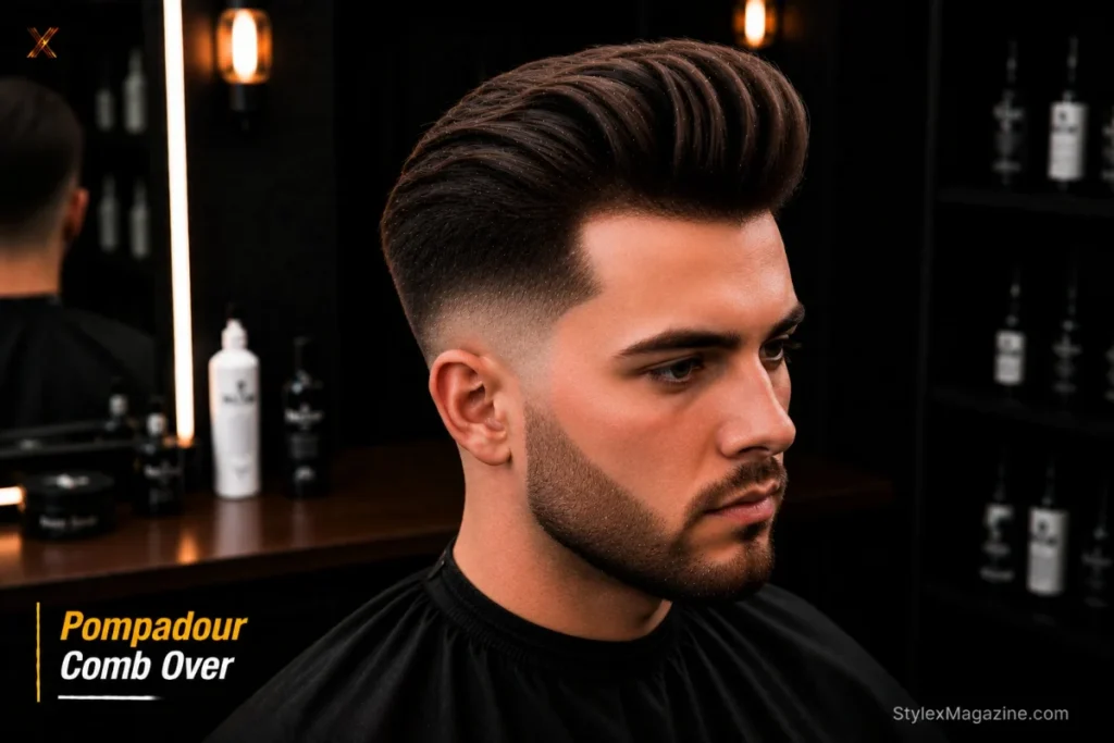 Comb over pompadour with visible raised ridge above forehead swept back and directed to one side