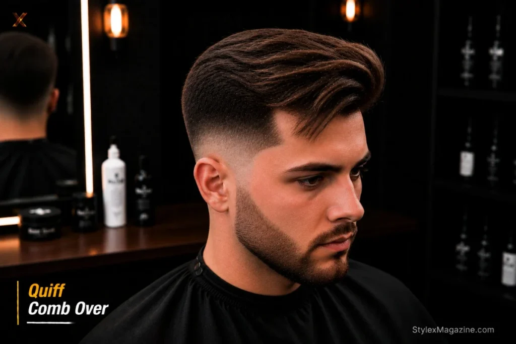 Comb over quiff with volume pushed forward and upward at front then sweeping to one side
