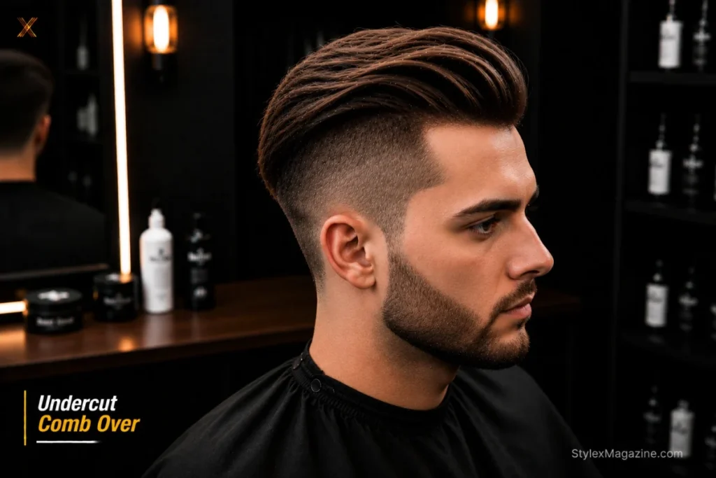 Comb over undercut showing short sides with soft transition and 3 plus inches on top