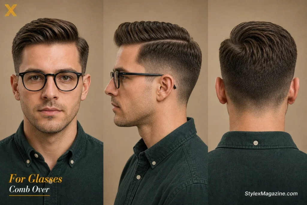 Comb over for glasses wearers showing balanced volume on top complementing frame width