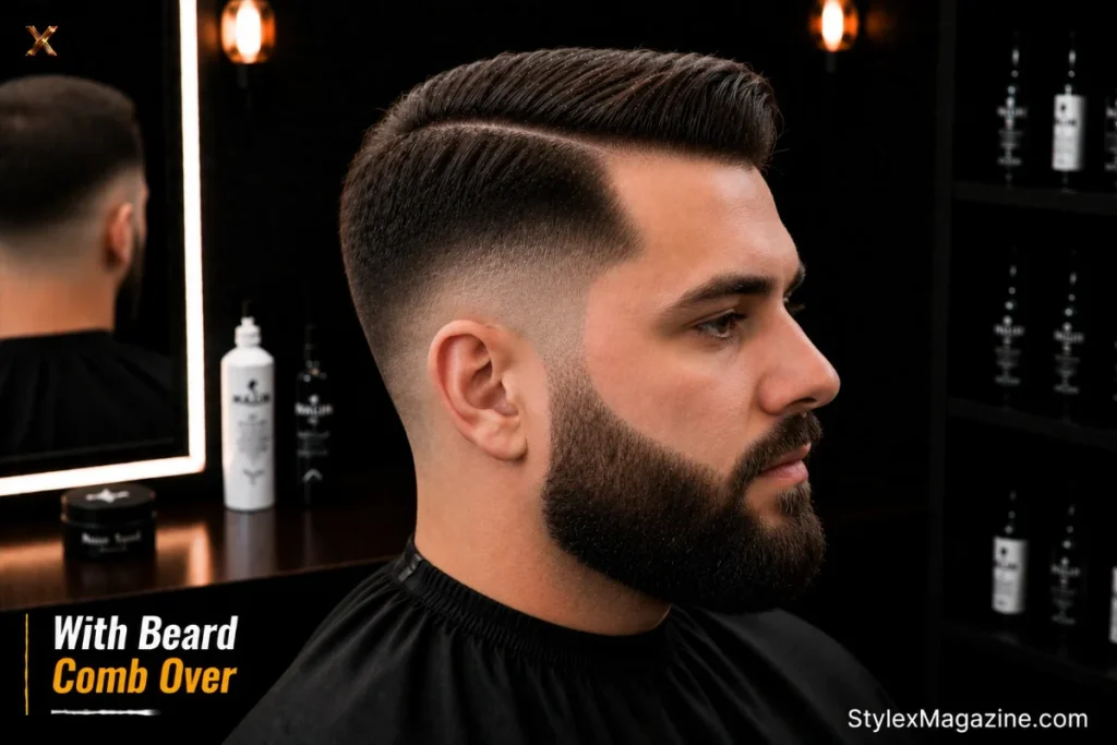 Comb over with beard showing mid fade blending seamlessly into beard at sideburn with no gap