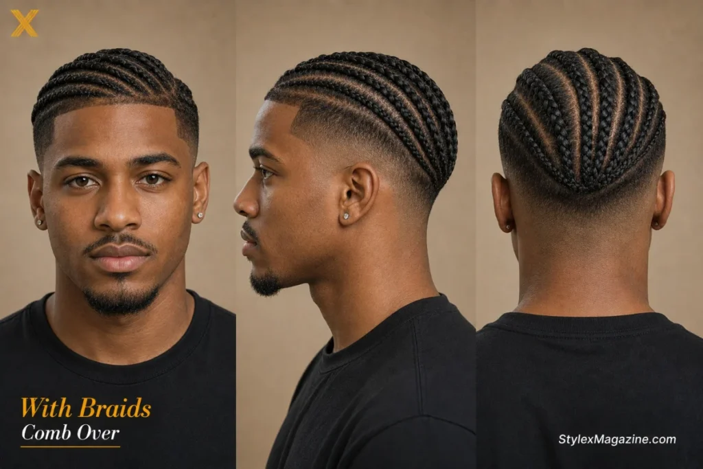 Comb over with braids showing cornrows directed laterally with faded sides