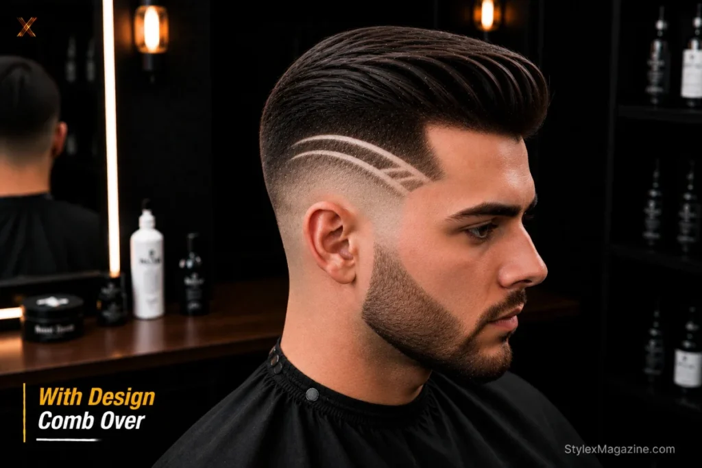 Comb over with geometric parallel lines shaved into high faded sides