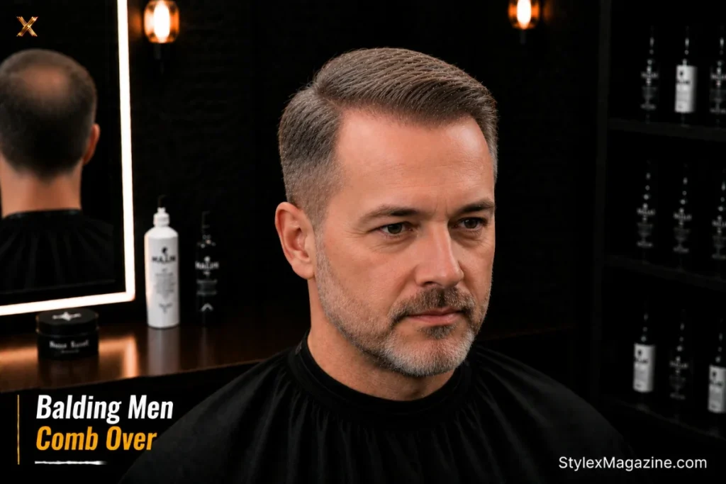 Comb over for balding men at 2 inches on top working with remaining hair direction naturally