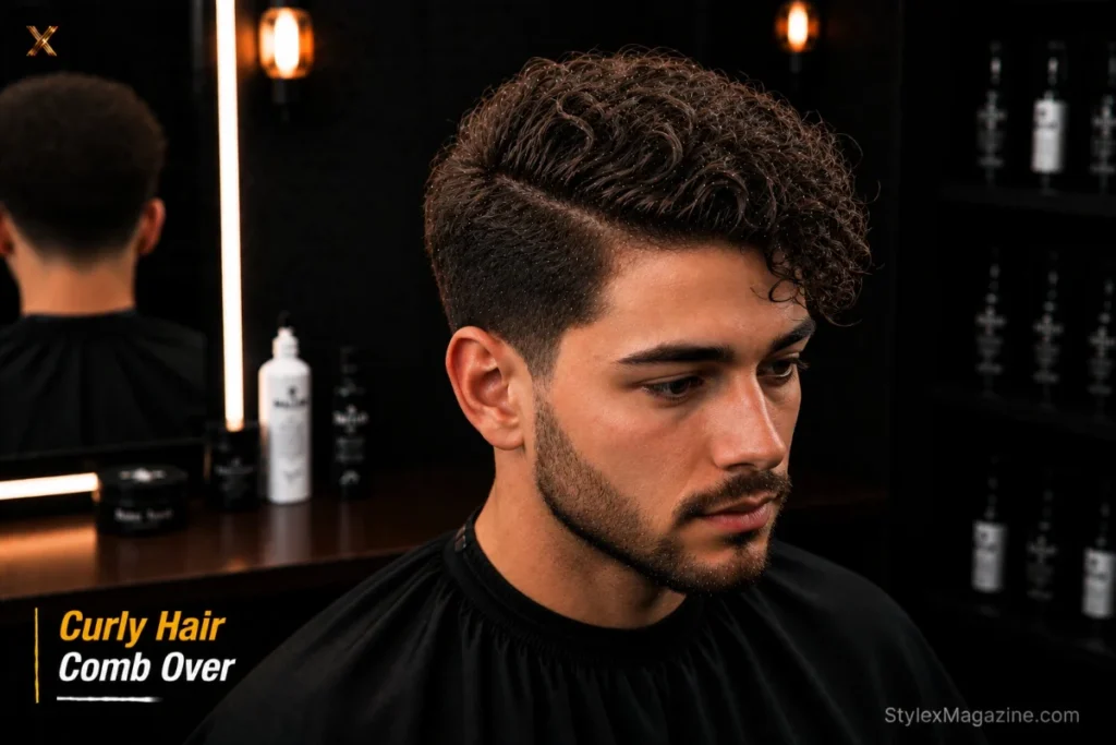 Comb over on curly hair showing defined curls staying present while directed generally to one side