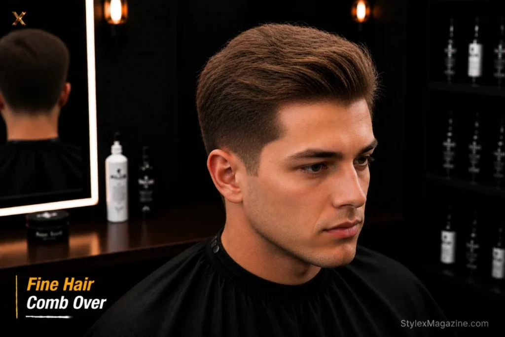 Comb over on fine hair with low taper keeping sides full and mousse volume on top