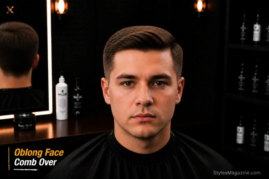 Comb over for oblong face with flat top and low taper keeping full sides and avoiding added height