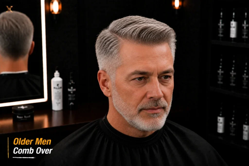 Classic comb over for older men with natural soft part and distinguished salt and pepper hair