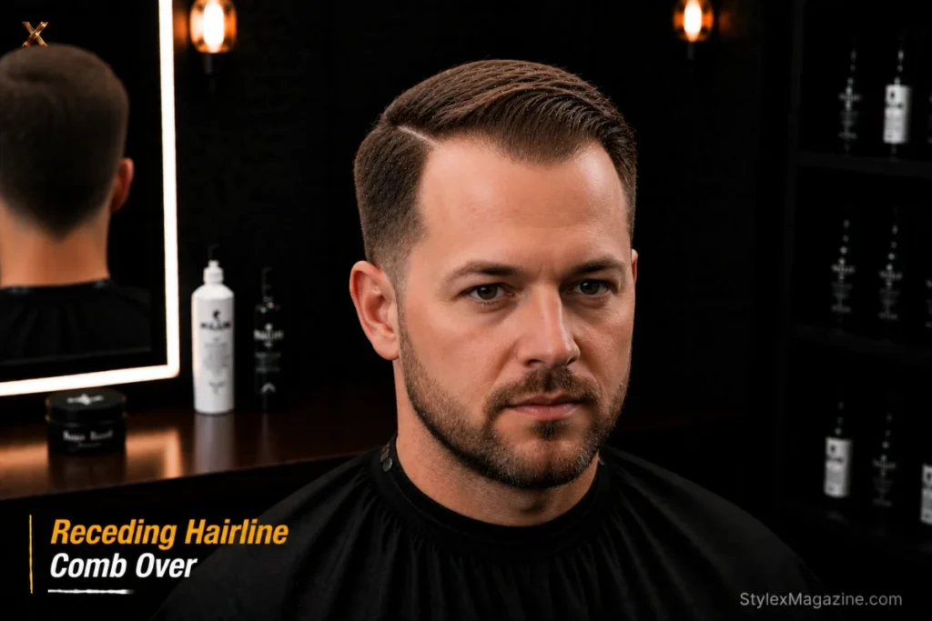 Comb over for receding hairline following natural hairline direction with low taper