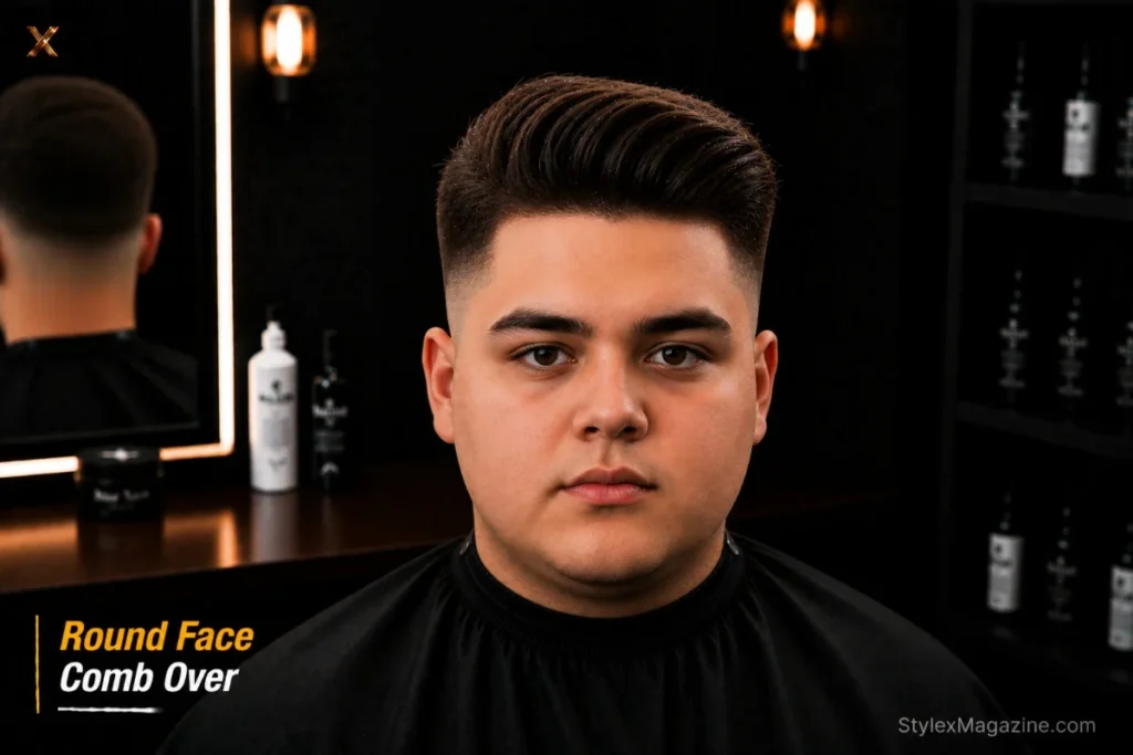 Comb over for round face with high fade and top volume creating visual height