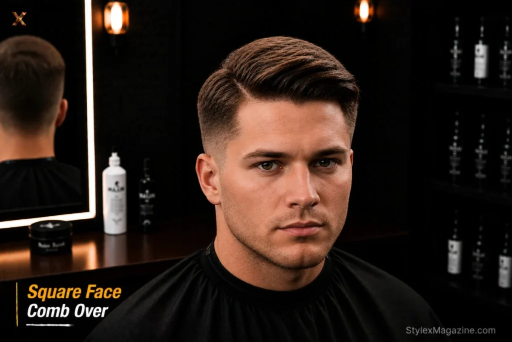 Comb over for square face with soft natural part and low fade softening angular jaw