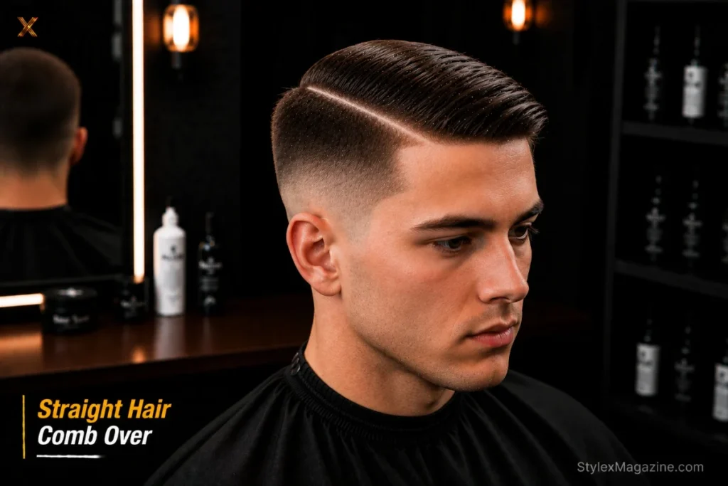 Comb over on straight hair showing sharpest most precise part and fade lines of any texture