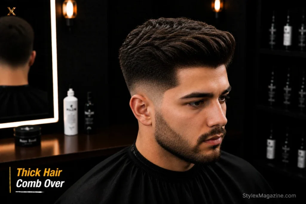 Comb over on thick hair with mid fade removing side bulk showing density contrast