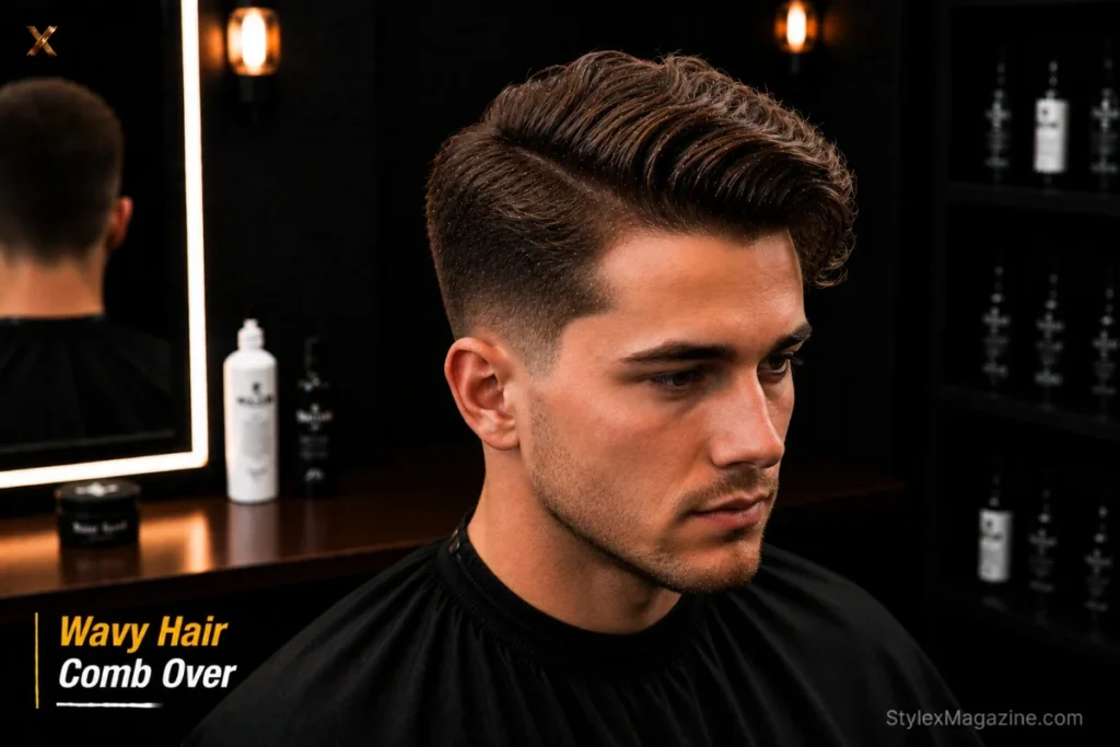 Comb over on wavy hair showing natural wave movement adding texture and volume to swept direction