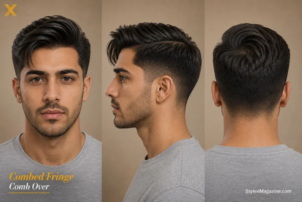 Combed fringe comb over showing longer front section flicked to one side rather than swept flat