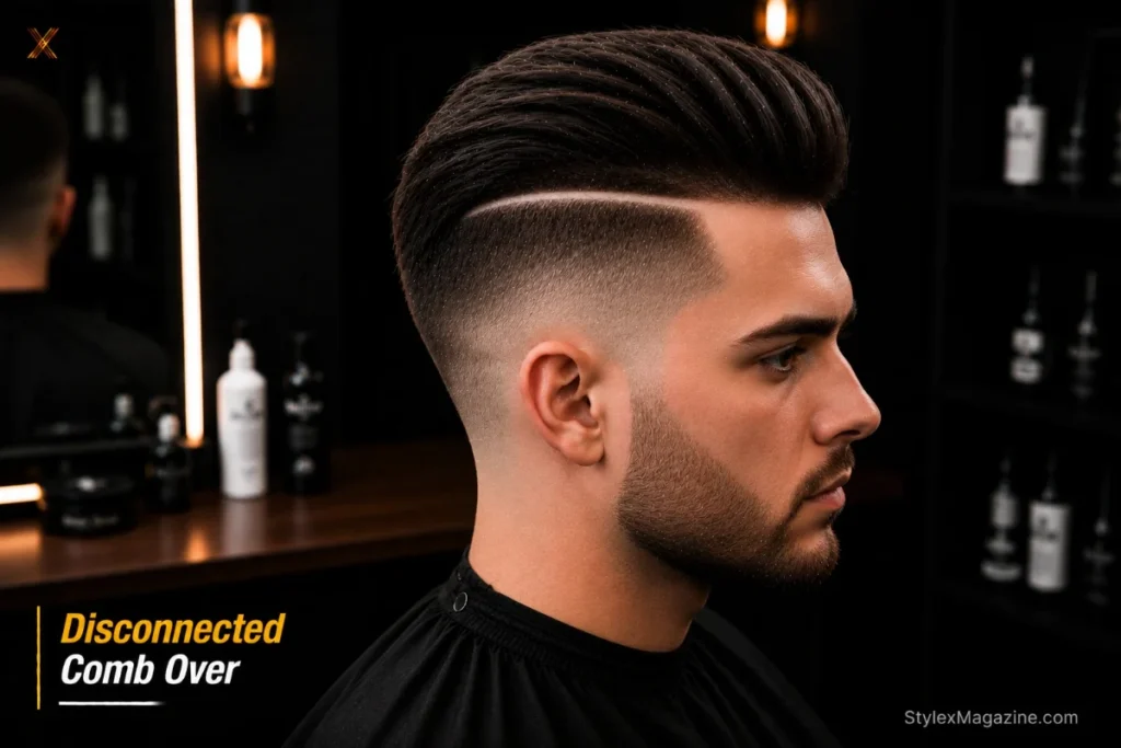 Disconnected comb over showing hard visible gap between longer top and short sides with zero blending