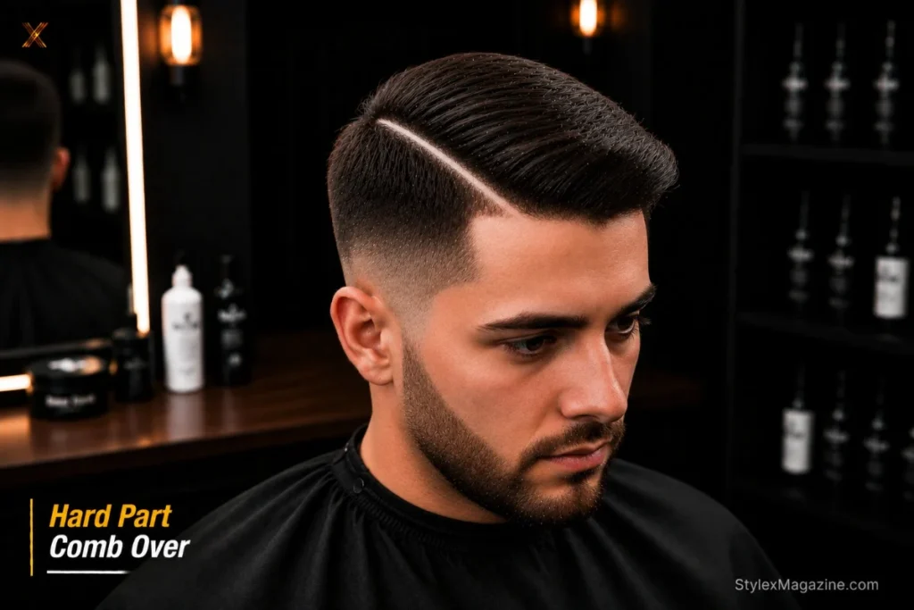 Hard part comb over showing razor-shaved white line at parting clearly visible through the hair