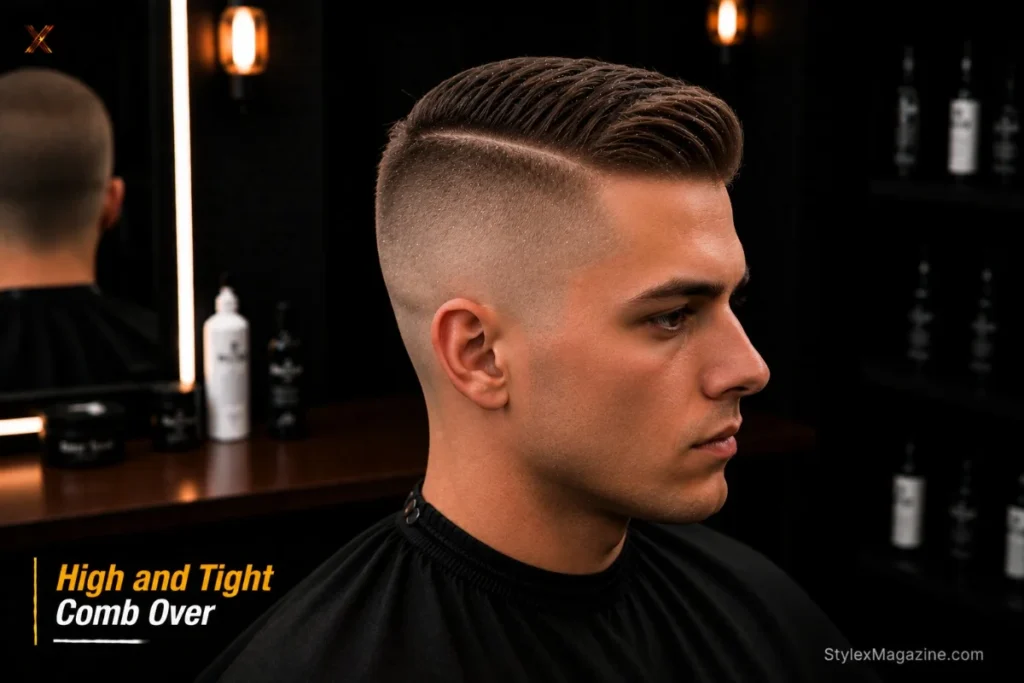 High and tight comb over with very short tight sides and longer top swept to one side