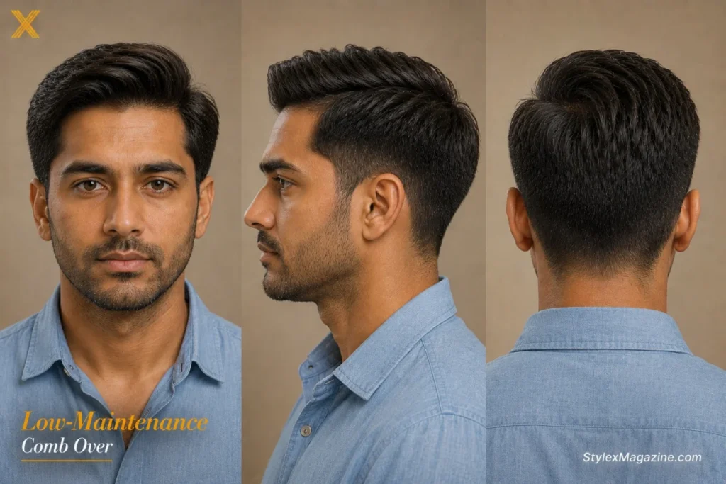Low maintenance comb over showing natural air-dried finish with minimal product