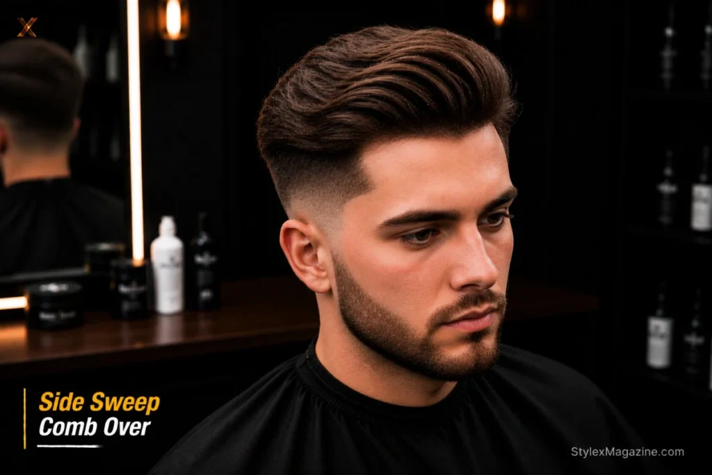 Side sweep comb over with single directional hair movement to one side and no defined part