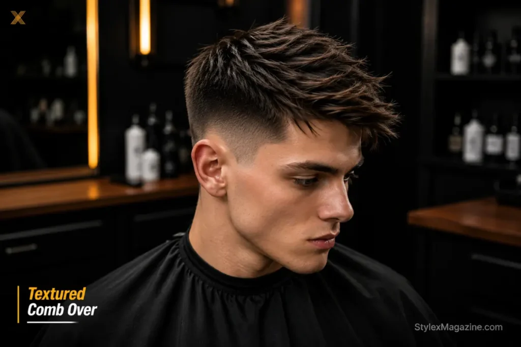 Textured comb over with matte clay finish showing choppy point-cut ends and natural movement