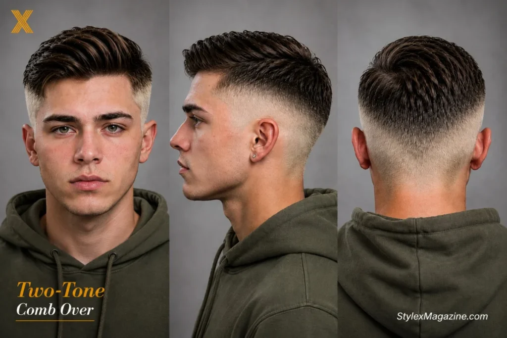 Two tone comb over showing color contrast between dark top and lightened faded sides