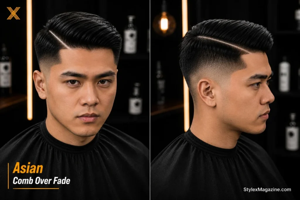  East Asian comb over fade showing sharpest most precise hard part line on thick straight hair