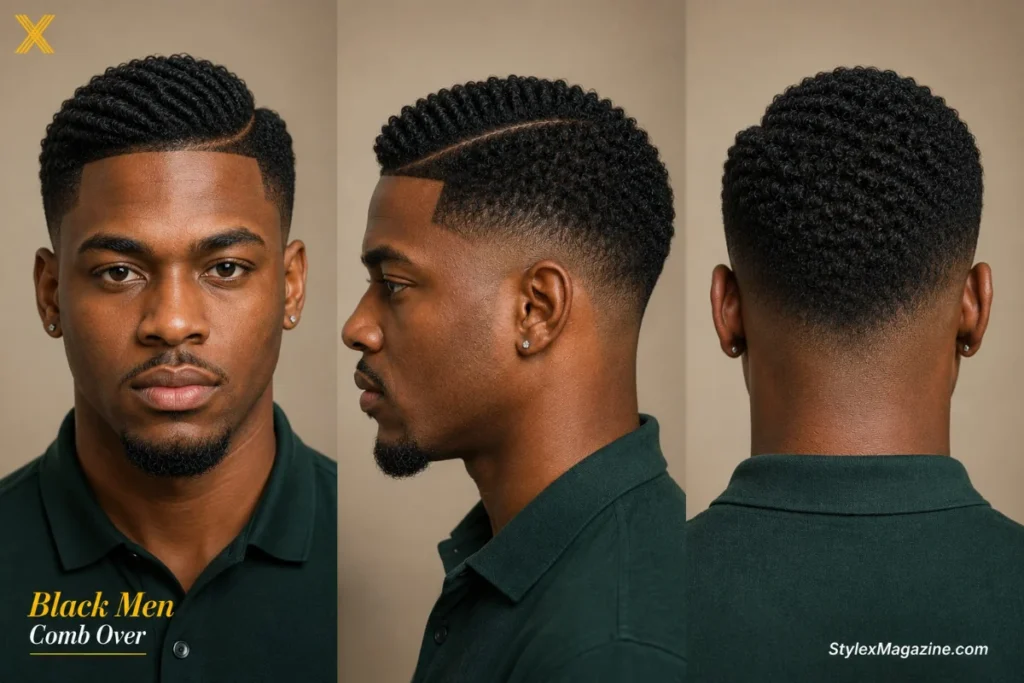 Black men comb over showing coily hair texture combed to one side with scissor-over-comb technique and faded sides