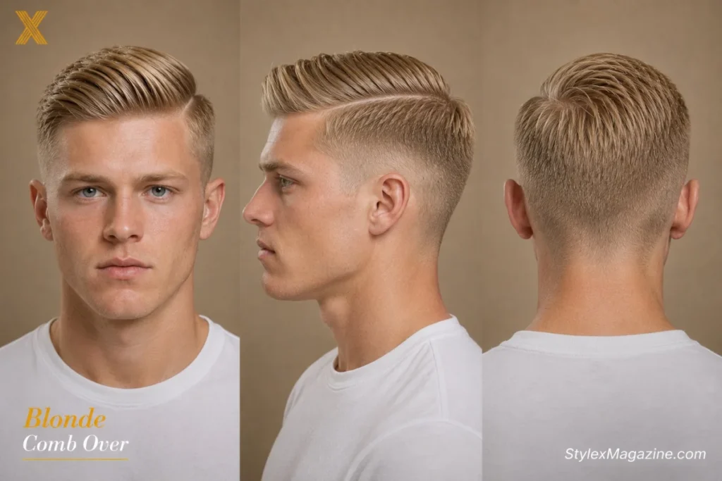 Blonde comb over showing precise hard part clearly visible against light hair tone