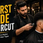 Burst fade haircut featured image showing professional barber working on a client's burst fade with curved arc around the ear visible