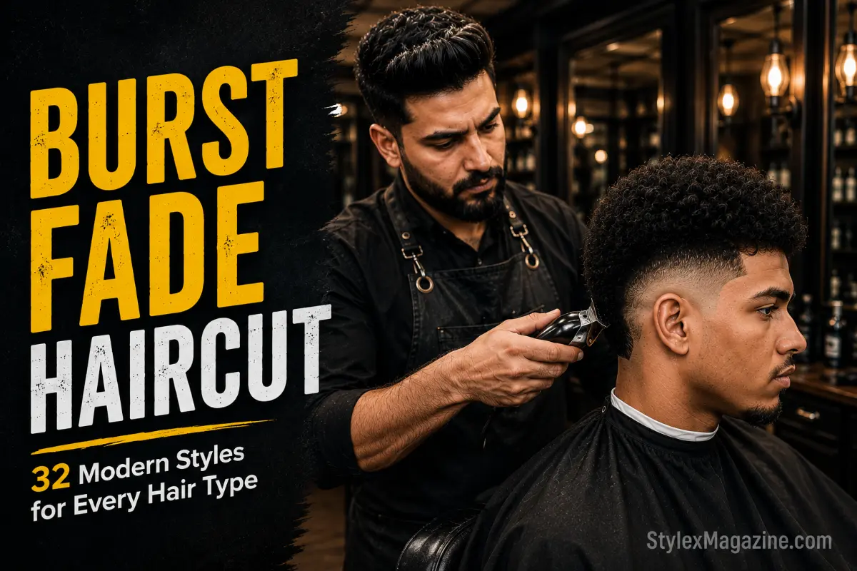 Burst fade haircut featured image showing professional barber working on a client's burst fade with curved arc around the ear visible