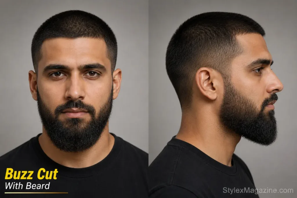 Buzz cut with beard on heart face showing beard adding jaw width to balance wide forehead