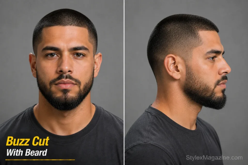 Buzz cut with beard on triangle face showing beard adding chin texture to soften wide jaw with grade 2 cut