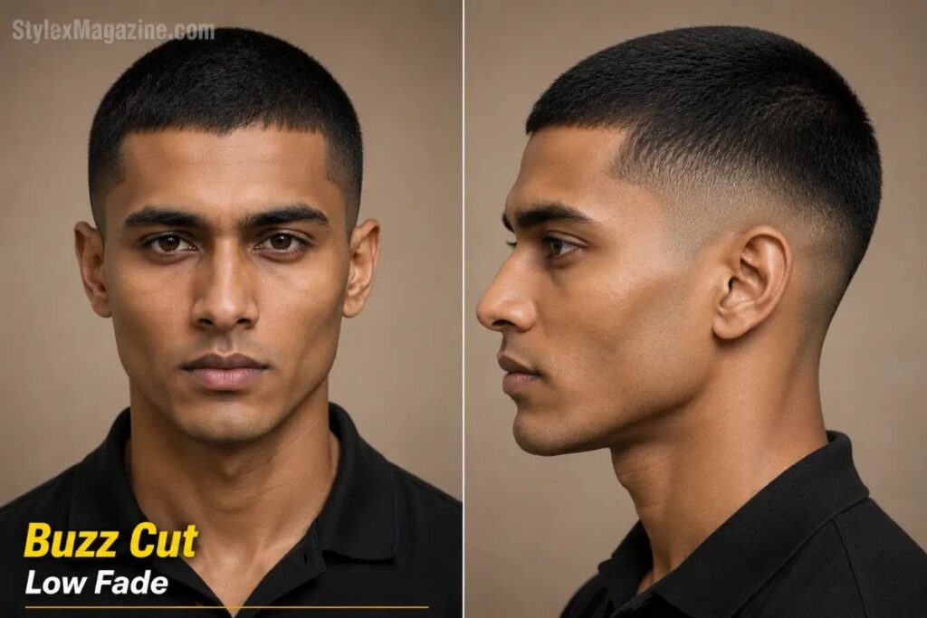 Buzz cut with low fade on diamond face shape showing full sides preserving width balance against prominent cheekbones