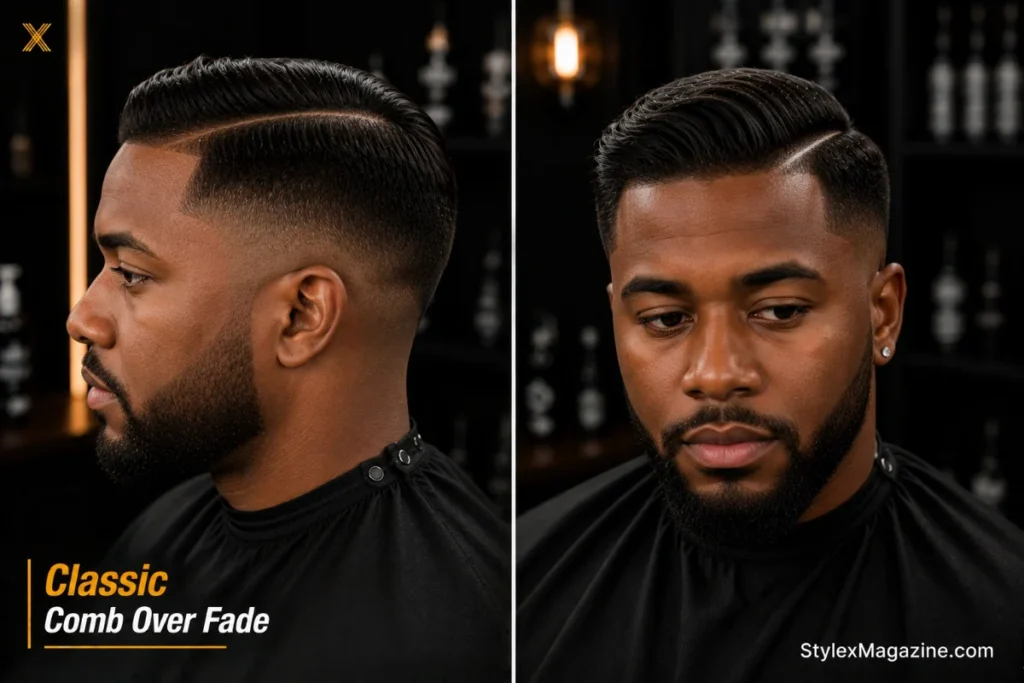 Classic comb over fade with natural side part medium hold finish and tapered sides