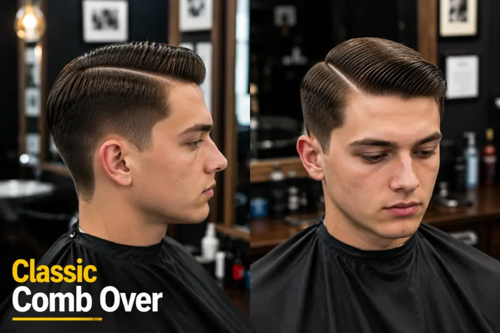 Classic comb over haircut showing hair combed flat and smooth to one side with clean tapered sides and polished pomade finish