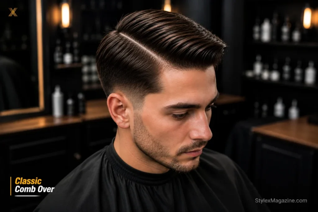 Classic comb over haircut showing clean natural side part with hair combed smoothly across the top and tapered sides