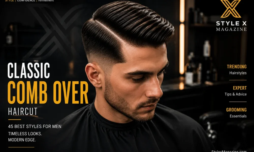 Classic comb over haircut featured image showing professional barber finishing a classic comb over on a client in a barbershop