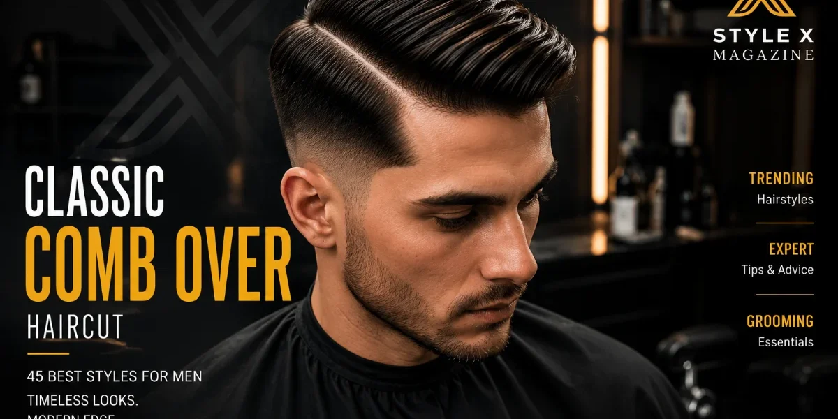 Classic comb over haircut featured image showing professional barber finishing a classic comb over on a client in a barbershop