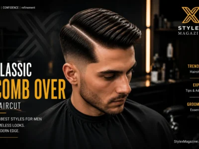 Classic comb over haircut featured image showing professional barber finishing a classic comb over on a client in a barbershop