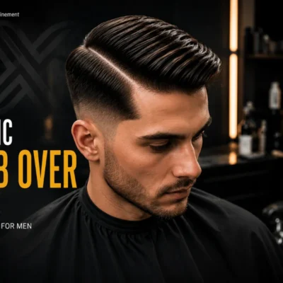Classic comb over haircut featured image showing professional barber finishing a classic comb over on a client in a barbershop